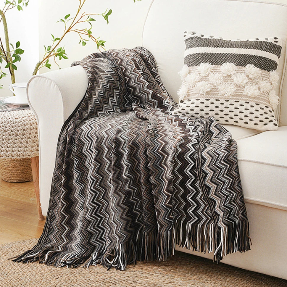Plaid Battilo Boho, Jeté Léger en Maille avec Pompons, Style Bohème pour Canapé et Lit