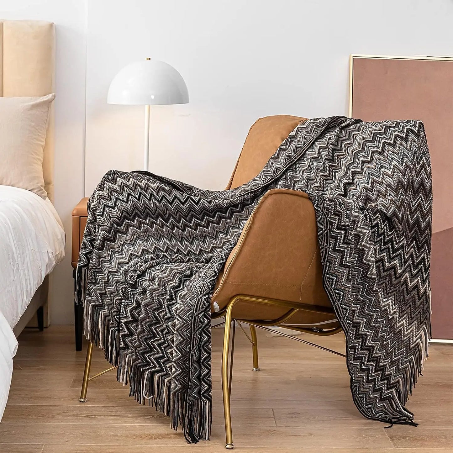 Plaid Battilo Boho, Jeté Léger en Maille avec Pompons, Style Bohème pour Canapé et Lit
