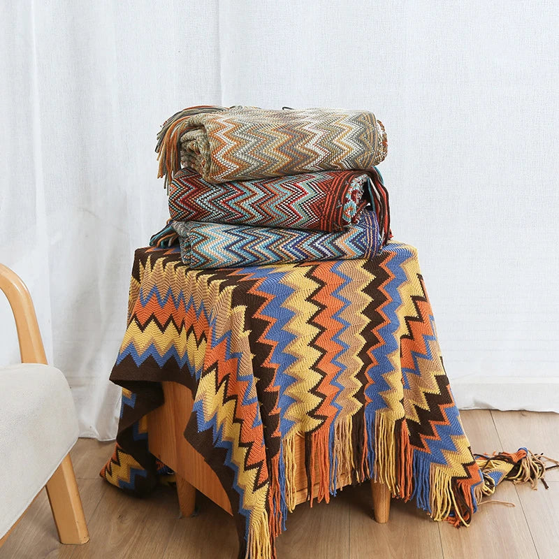 Plaid Battilo Boho, Jeté Léger en Maille avec Pompons, Style Bohème pour Canapé et Lit