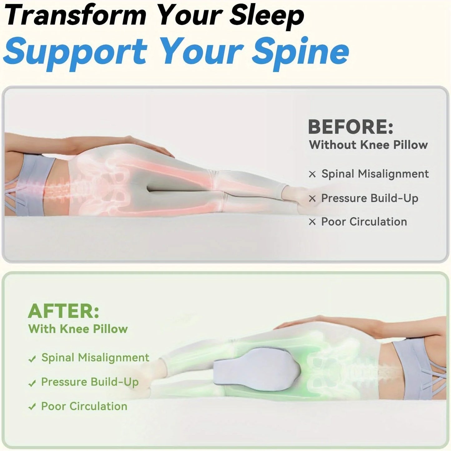 Oreiller en Mousse à Mémoire de Forme pour Jambes et Genoux (Grand Format) - Oreiller entre les Jambes pour Sciatique, Dos, Hanches et Articulations