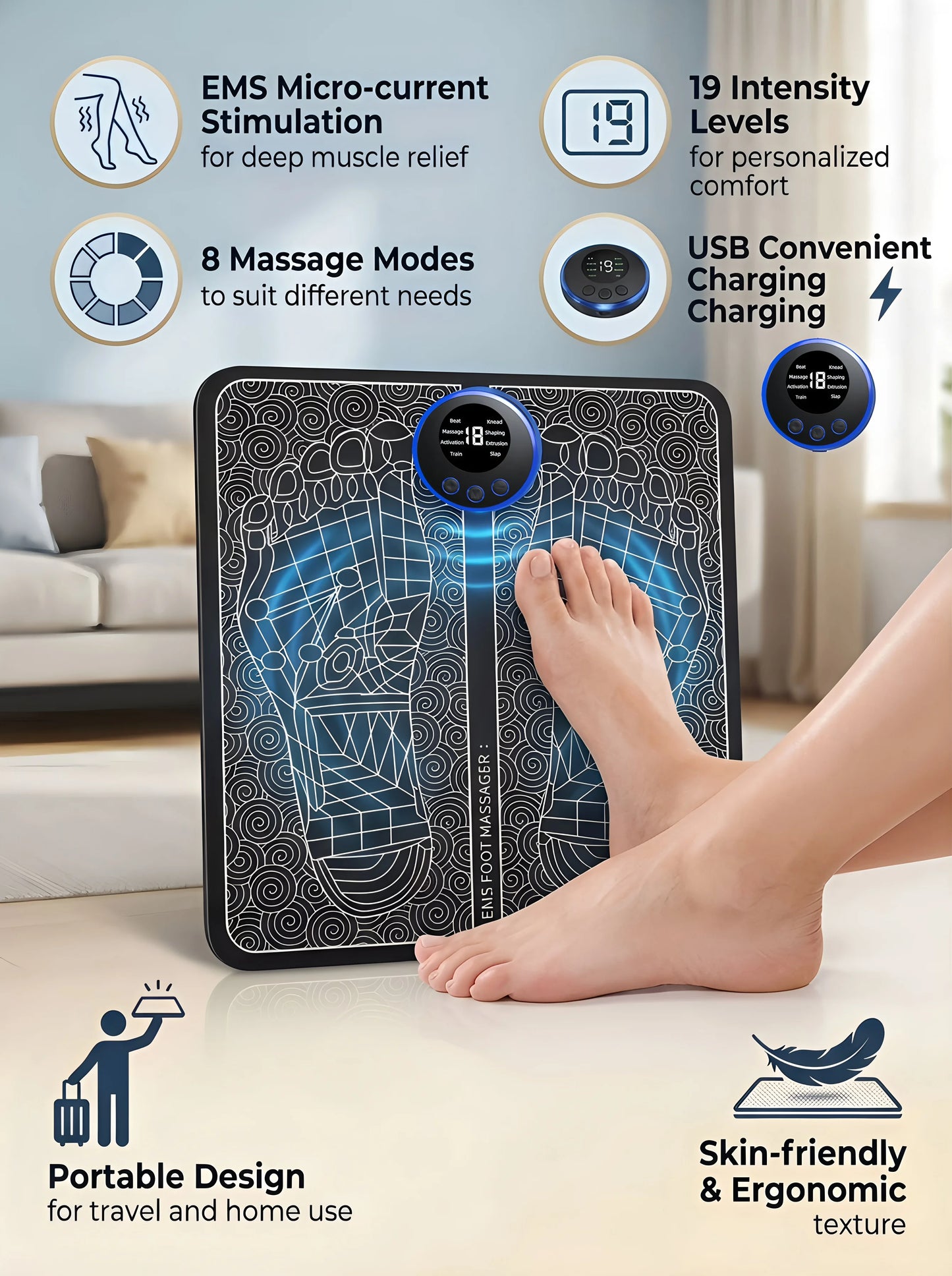 Tapis de Massage des Pieds EMS Rechargeable – Circulation & Détente