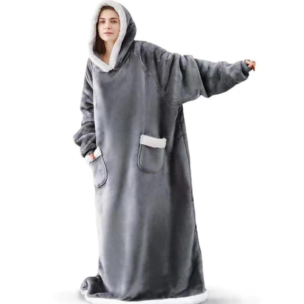 Couverture d'Hiver 180 cm avec Manches - Polaire Peluche Portable à Capuche pour Canapé, Adulte, Chaude et Douce