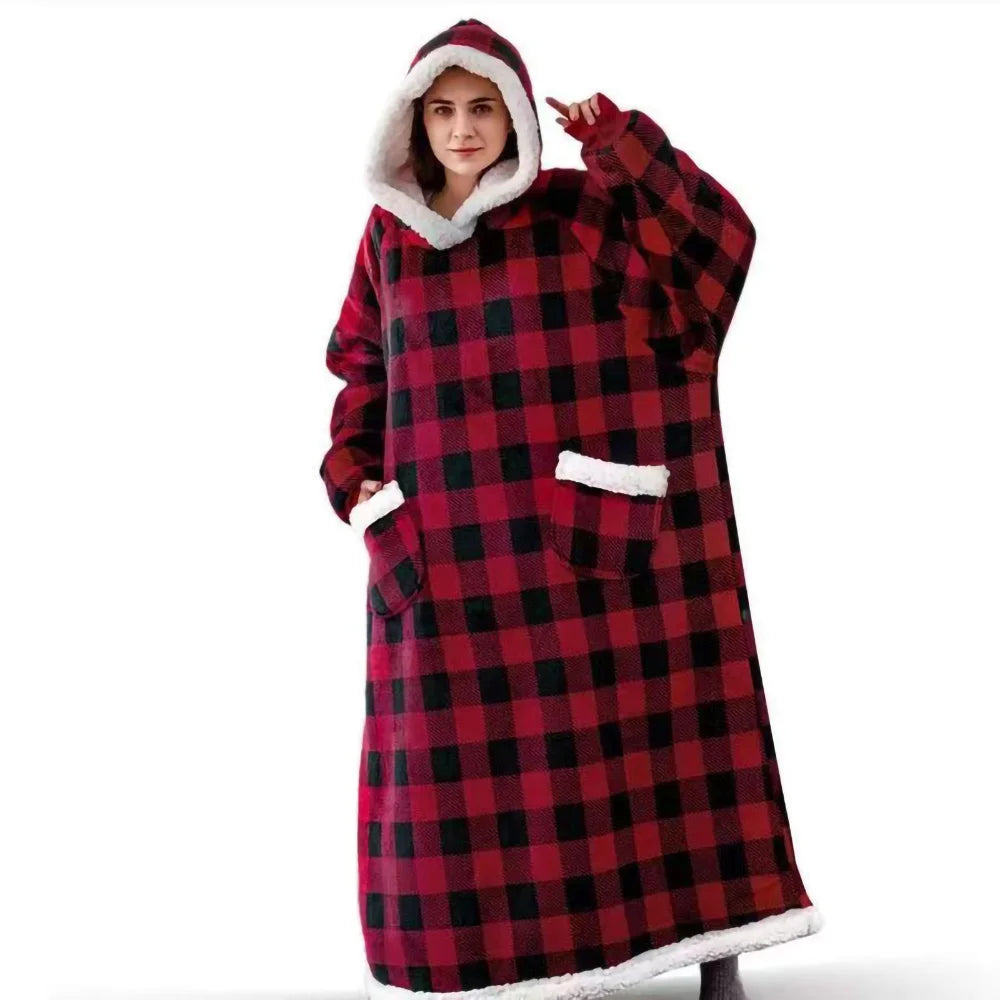 Couverture d'Hiver 180 cm avec Manches - Polaire Peluche Portable à Capuche pour Canapé, Adulte, Chaude et Douce
