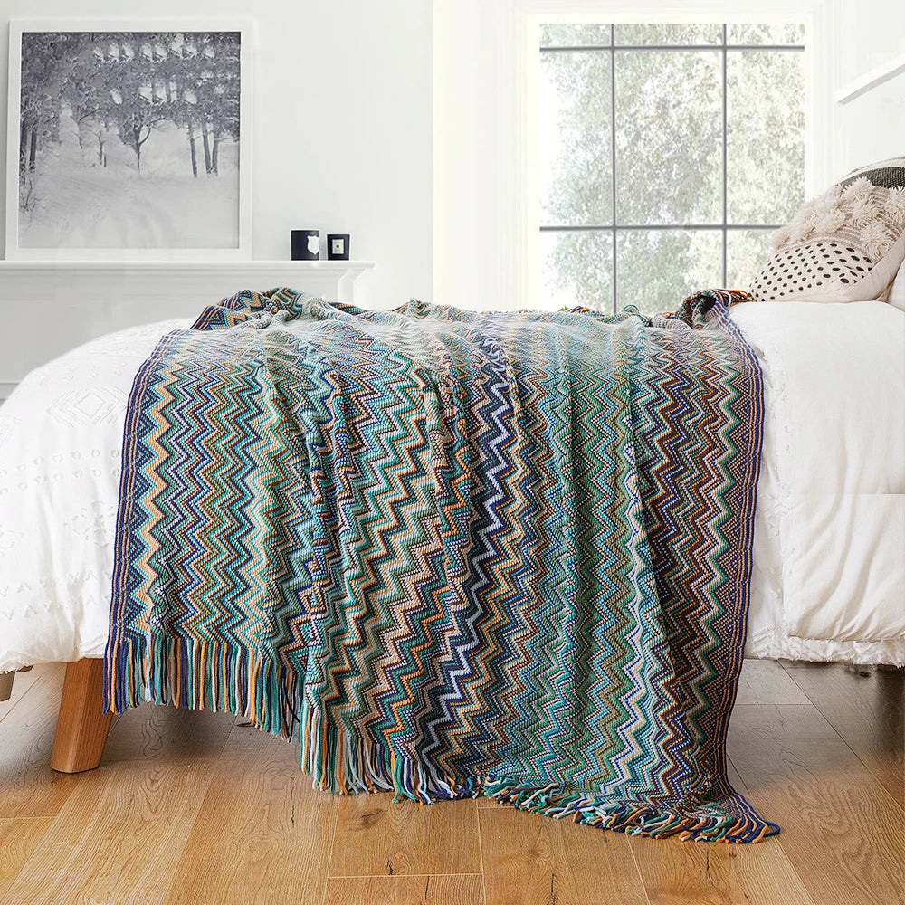 Plaid Battilo Boho, Jeté Léger en Maille avec Pompons, Style Bohème pour Canapé et Lit
