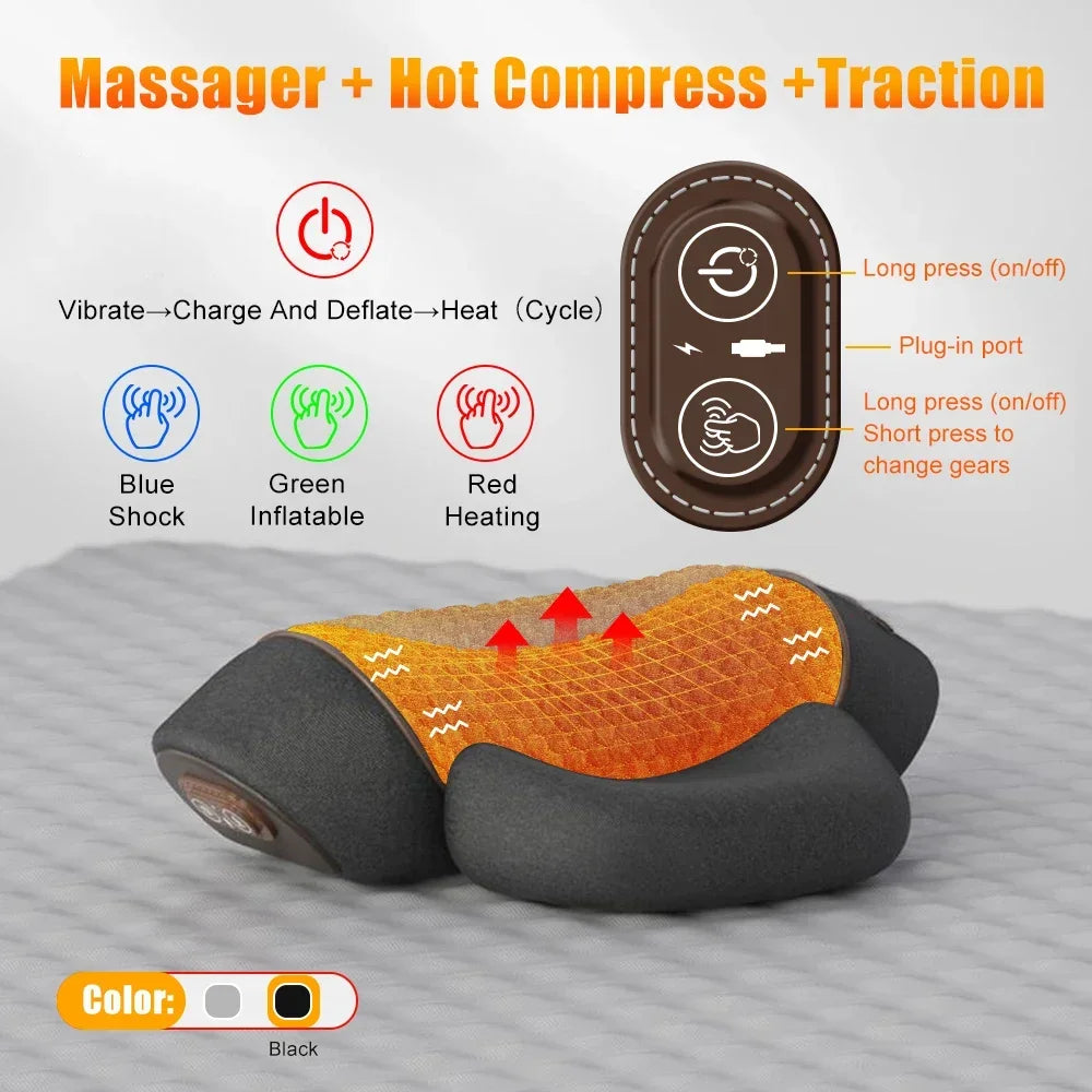 Oreiller Masseur Cervical Chauffant — Traction & Vibration, Confort Orthopédique