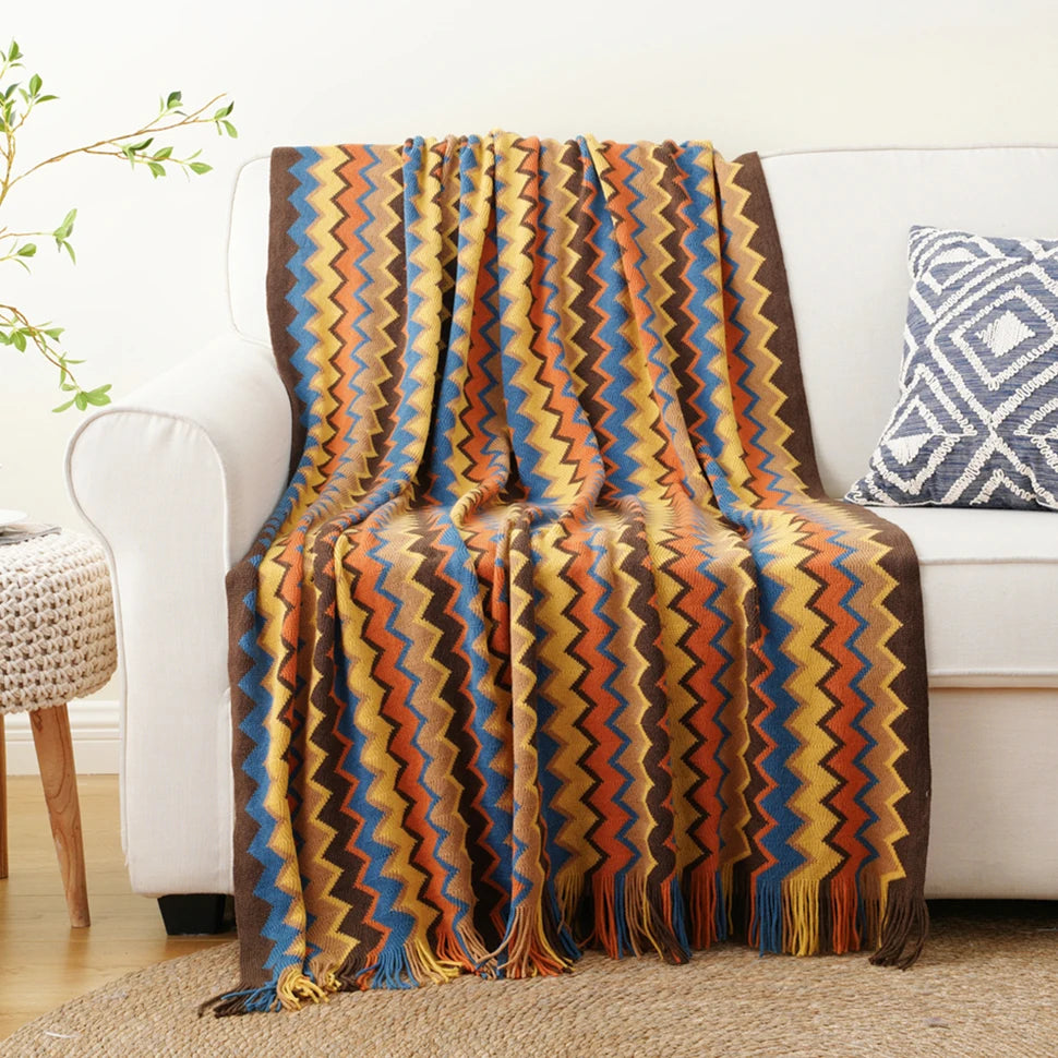 Plaid Battilo Boho, Jeté Léger en Maille avec Pompons, Style Bohème pour Canapé et Lit