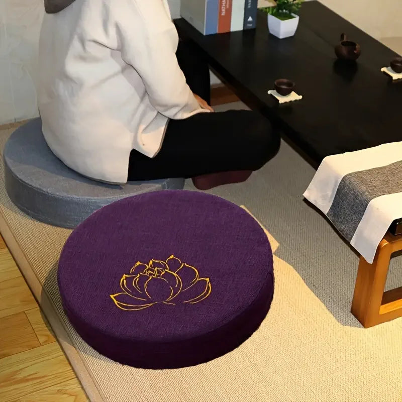 Coussin de Méditation en Lin 40x6cm – Motif Lotus, Assise Confort Yoga & Tapis Tatami
