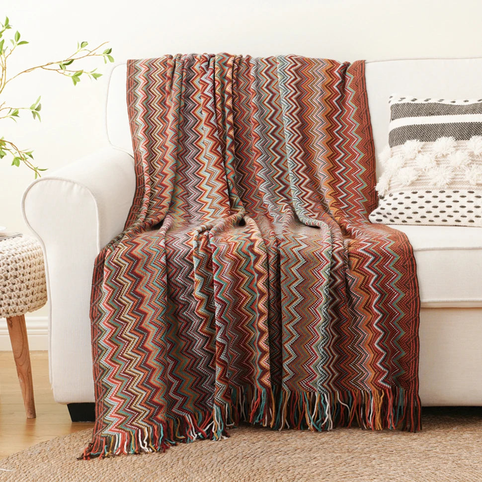 Plaid Battilo Boho, Jeté Léger en Maille avec Pompons, Style Bohème pour Canapé et Lit