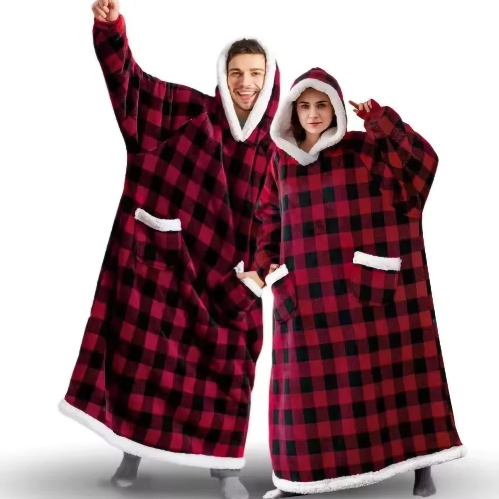 Couverture d'Hiver 180 cm avec Manches - Polaire Peluche Portable à Capuche pour Canapé, Adulte, Chaude et Douce