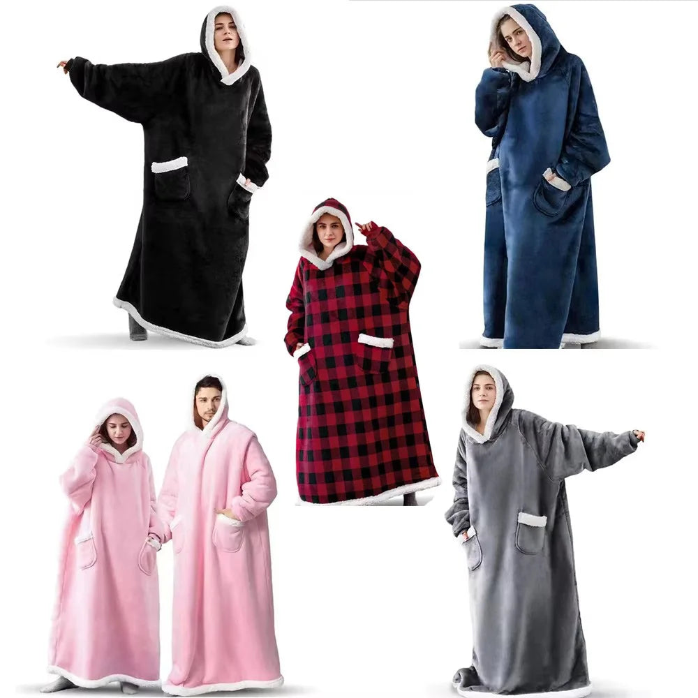 Couverture d'Hiver 180 cm avec Manches - Polaire Peluche Portable à Capuche pour Canapé, Adulte, Chaude et Douce
