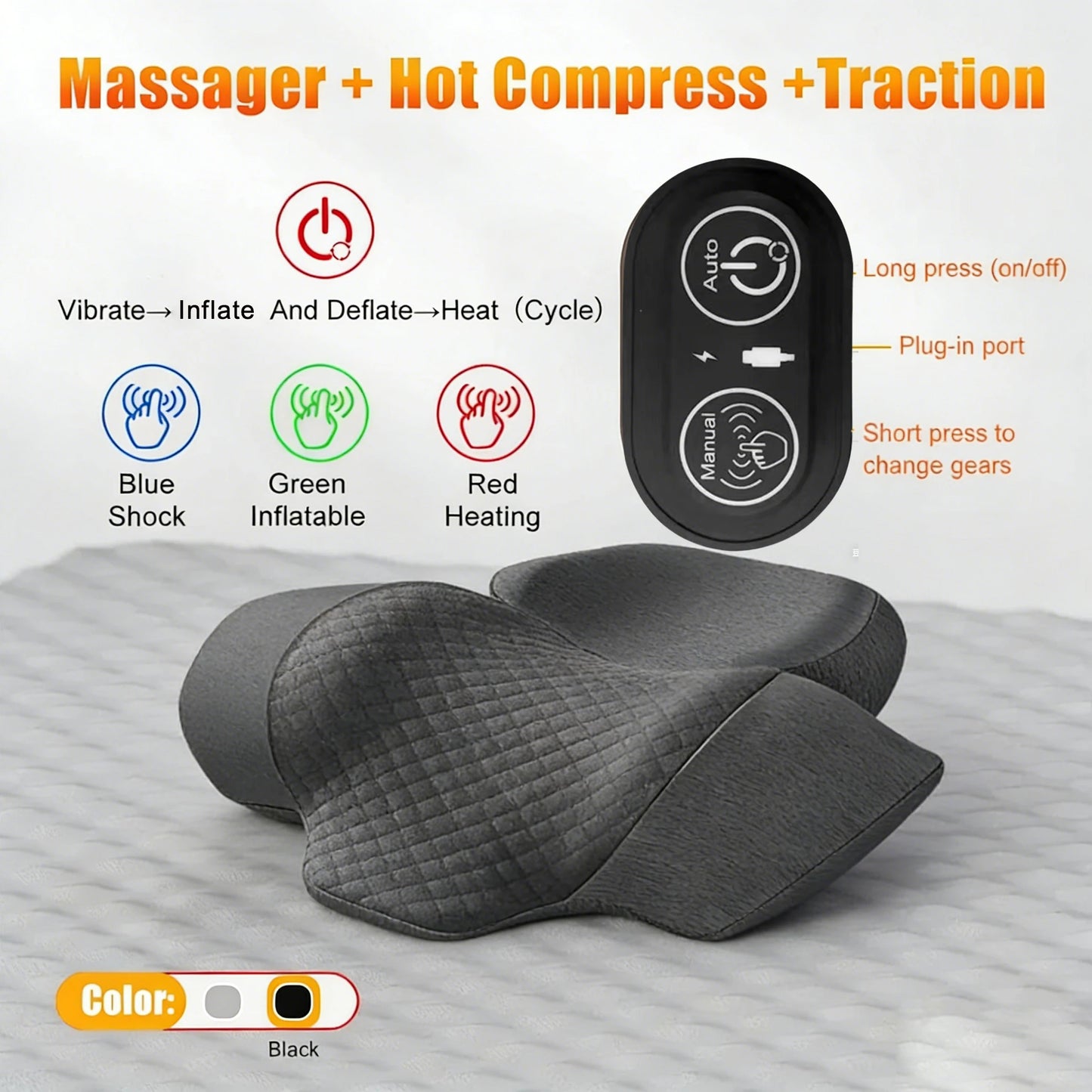Oreiller Masseur Cervical Chauffant — Traction & Vibration, Confort Orthopédique