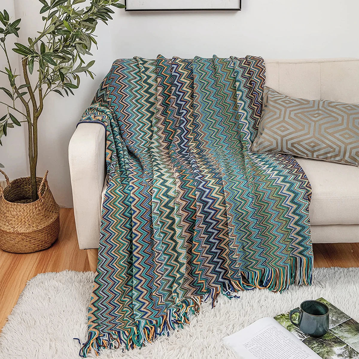 Plaid Battilo Boho, Jeté Léger en Maille avec Pompons, Style Bohème pour Canapé et Lit