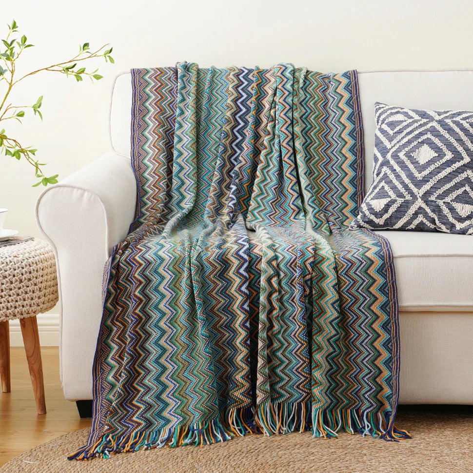 Plaid Battilo Boho, Jeté Léger en Maille avec Pompons, Style Bohème pour Canapé et Lit