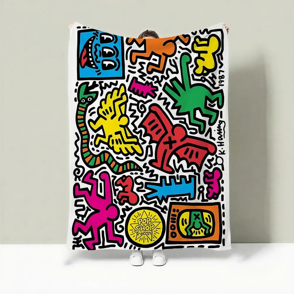 Plaid K-Keith Haring en Flanelle Légère 240g, Doux et Respirant, Idéal pour l'Été