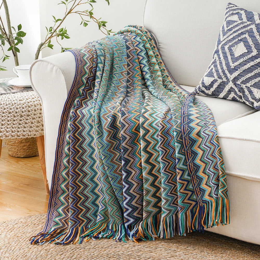 Plaid Battilo Boho, Jeté Léger en Maille avec Pompons, Style Bohème pour Canapé et Lit