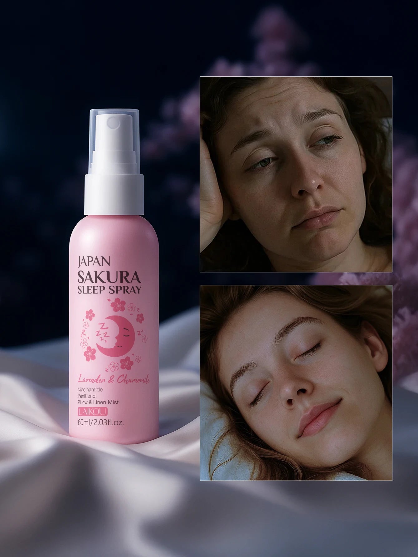 Brume d'Oreiller Sakura LAIKOU – Lavande & Camomille pour un Sommeil Apaisant