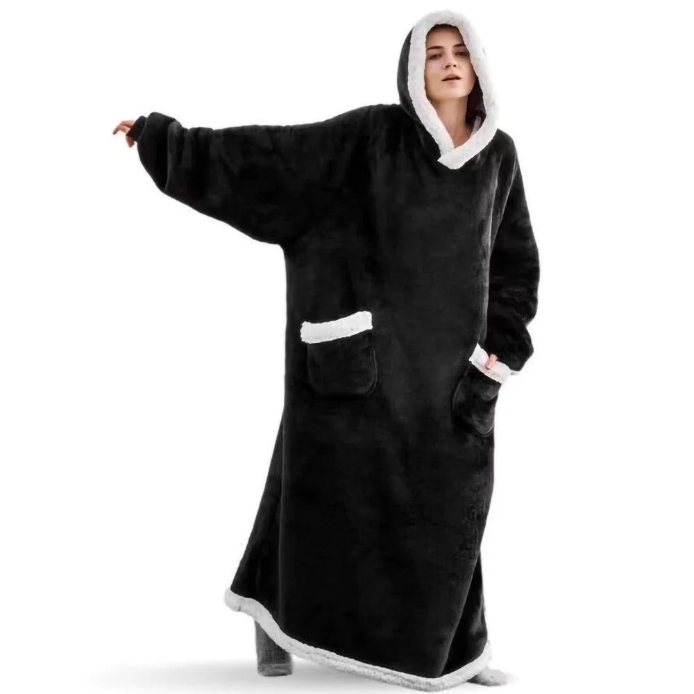 Couverture d'Hiver 180 cm avec Manches - Polaire Peluche Portable à Capuche pour Canapé, Adulte, Chaude et Douce