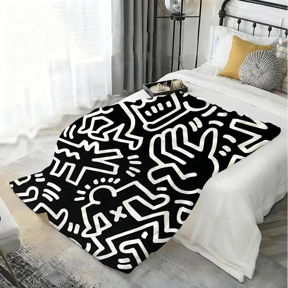 Plaid K-Keith Haring en Flanelle Légère 240g, Doux et Respirant, Idéal pour l'Été