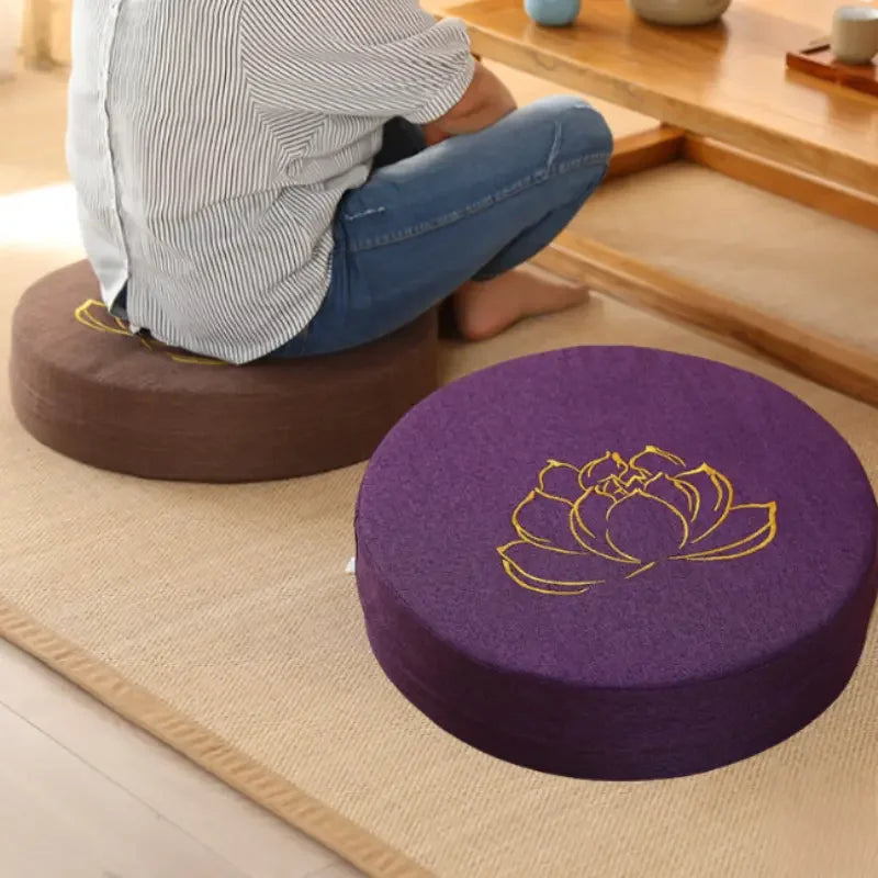 Coussin de Méditation en Lin 40x6cm – Motif Lotus, Assise Confort Yoga & Tapis Tatami